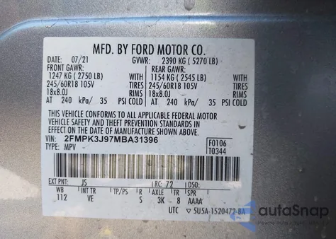 2021 Ford Edge Sel из США, поврежденный, VIN 2FMPK3J97MBA31396